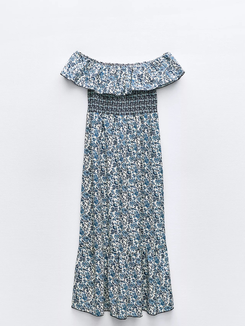 Zara Off-Shoulder Blue Floral Maxi Dress with Smocked Bodice